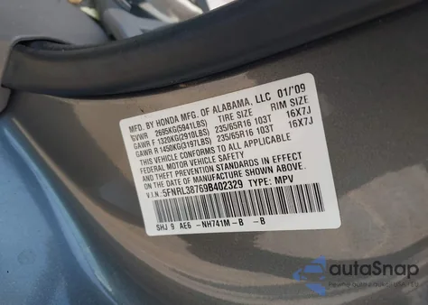 2009 Honda Odyssey Ex-L z USA, uszkodzony, nr VIN 5FNRL38769B402329